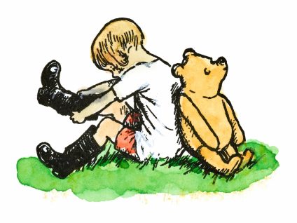 Illustration of Christopher Robin and Pooh Bear by E H Shepard. Christopher Robin is seated on the ground pulling on wellington boots. Pooh is leaning against his back facing the opposite way.