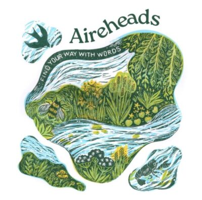 'Aireheads' booklet cover woodcut illustration by Ian Hallaw. A swallow flies in the top right-hand corner, above a riverbank with thick green vegetation and a flowing blue river. A bee flies over the banks and a crayfish hides beneath the surface of the water in the bottom left hand corner.