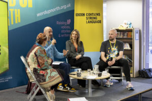 Kate Fox, Andy Craven-Griffiths, Michelle Temperley (Programme Manager) and Wilko Wilkes on stage at BBC Contains Strong Language discussing their Aireheads residencies